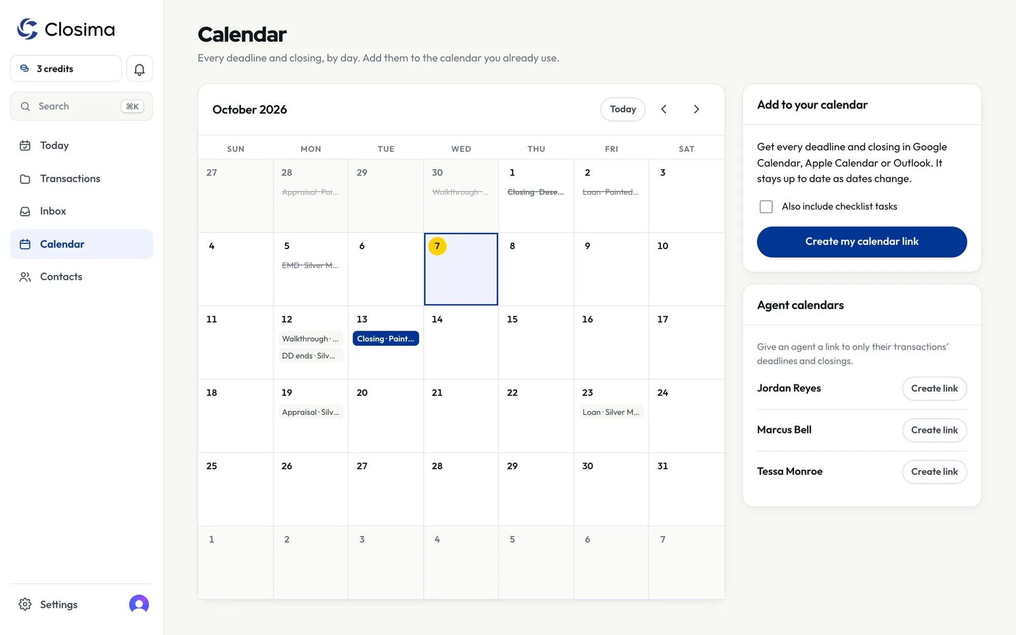 Closima calendar: every deadline and closing by day, with links for your own and your agents' calendars